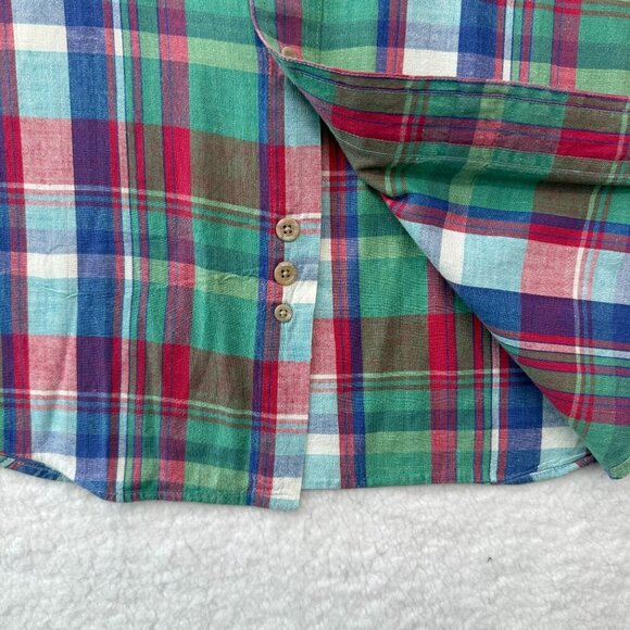 VTG 1980s Eddie Bauer Superior Madras Plaid Button Up Shirt SS Mens XL Preppy - Picture 3 of 13